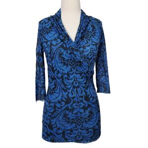 Johnny Heaven Shirt Top Stretch Nylon Mesh Size XL Mock Wrap Blue Black Casual